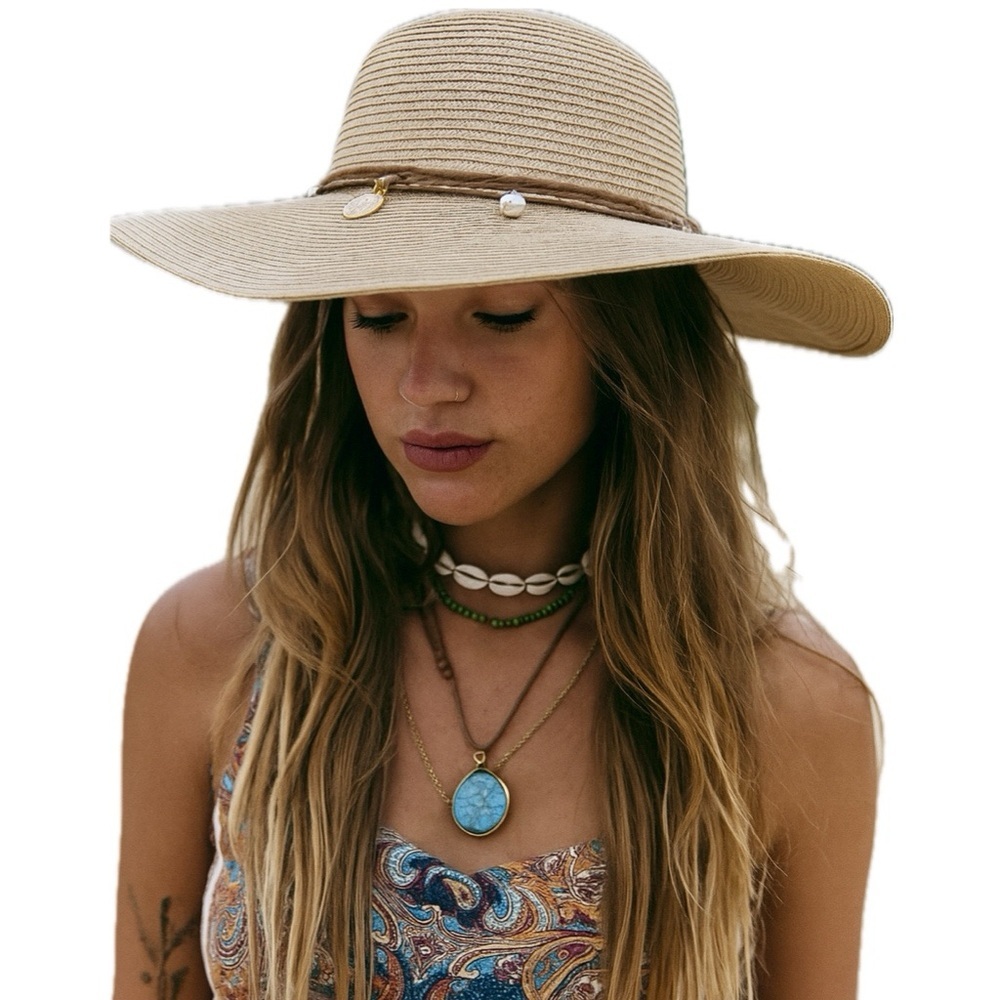 Wide Brim Sun Hat Faux Pearls Coins Beads Chain Rope Paper Tan Khaki OS accsa.